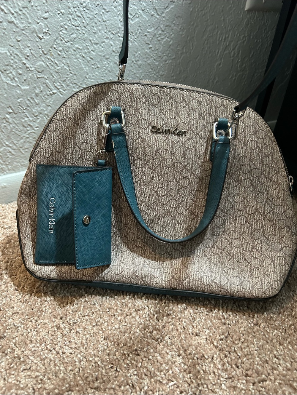Calvin Klein Beige Monogram Dome Satchel with Teal Trim